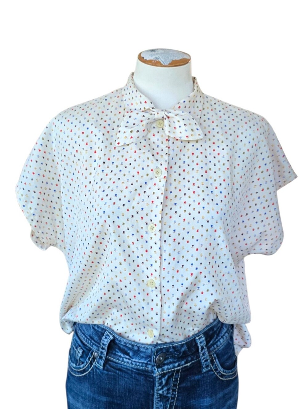 Vintage Secretary Blouse Cream Tulip Print Bow Tie Blouse Cottagecore Womens XL